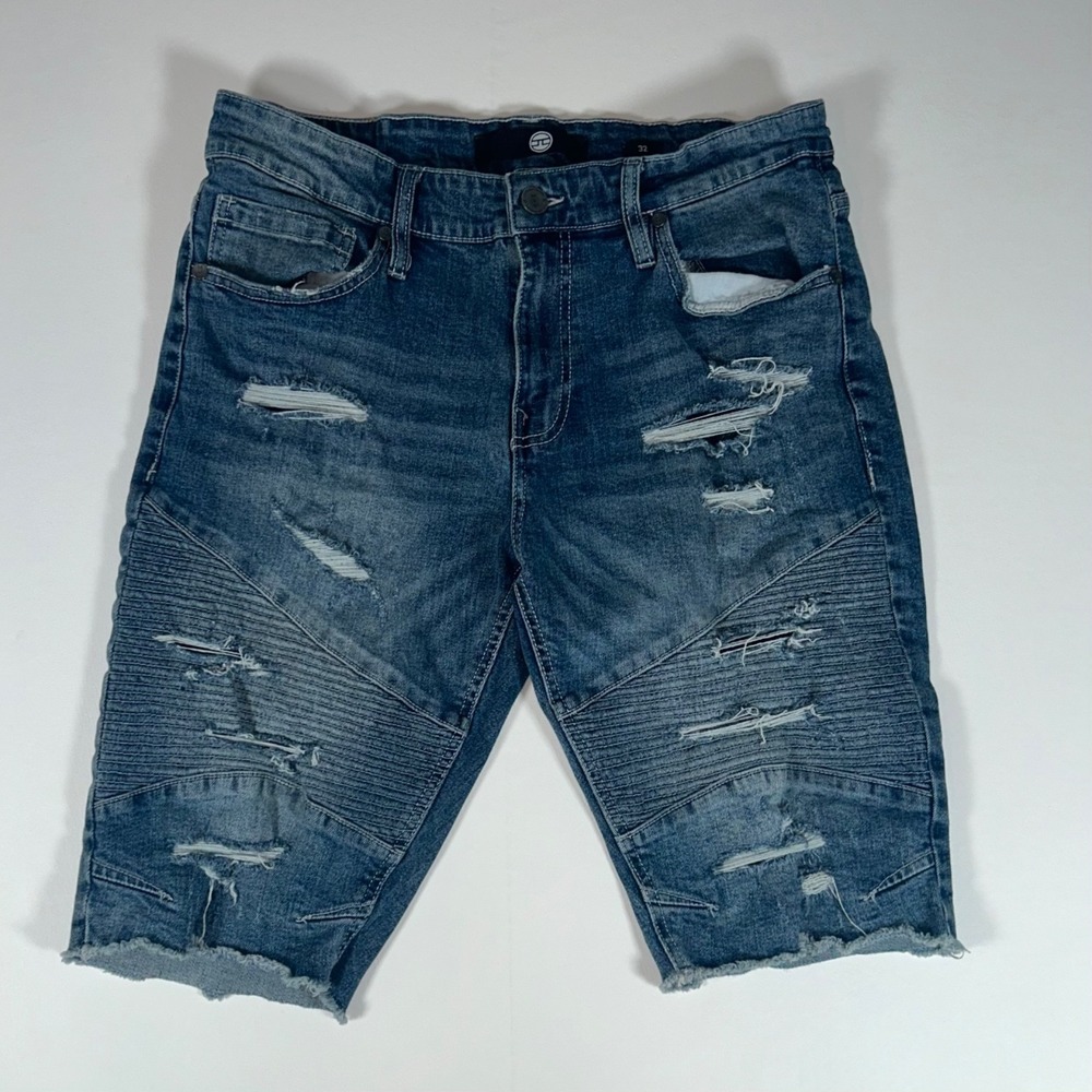 Jordan Craig Moto Denim Shorts Mens 32 Blue Distressed Stretch 12 Inseam